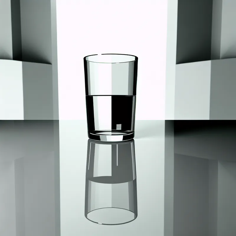 Een hyperrealistisch, surrealistisch beeld van een halfvol glas op een spiegelend oppervlak