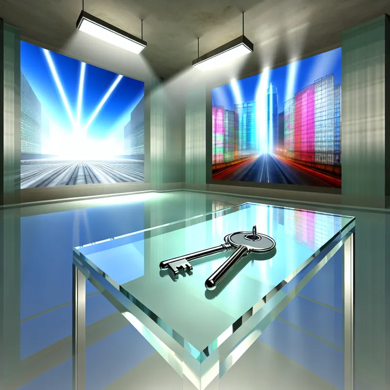 Een hyperrealistisch interieur met een glazen tafel en een set sleutels, omringd door een stadslandschap