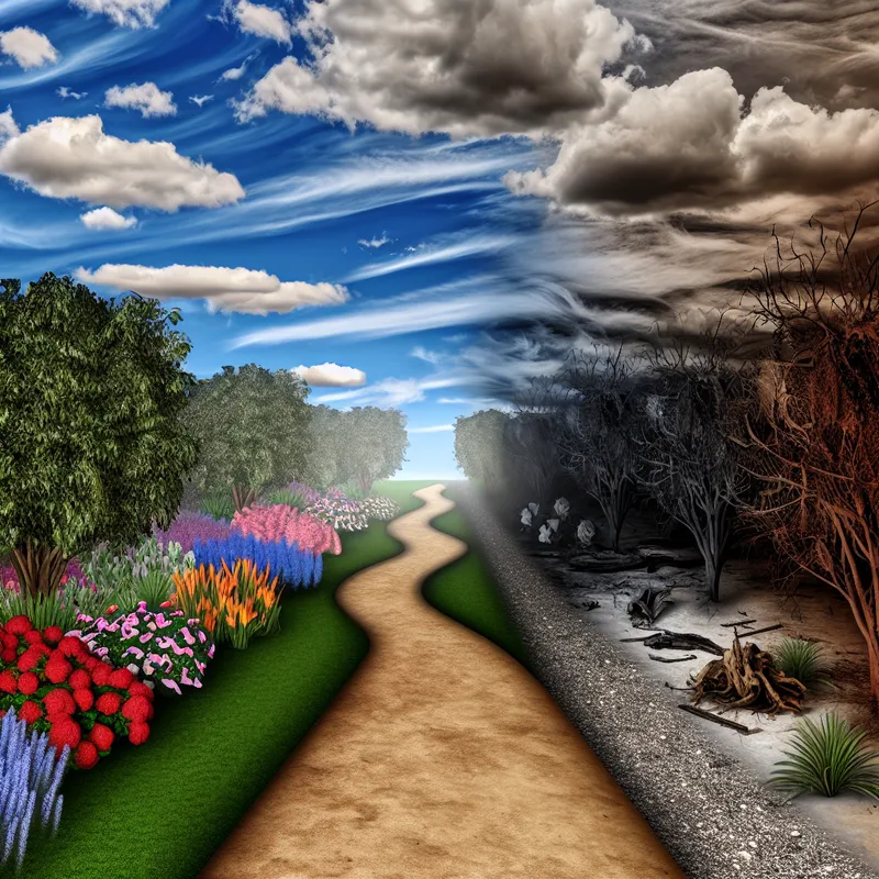 Een hyperrealistisch landschap met twee paden die divergente keuzes symboliseren: een verlichte tuin vol kleurige bloemen en een schaduwrijke weg met verwelkte planten.