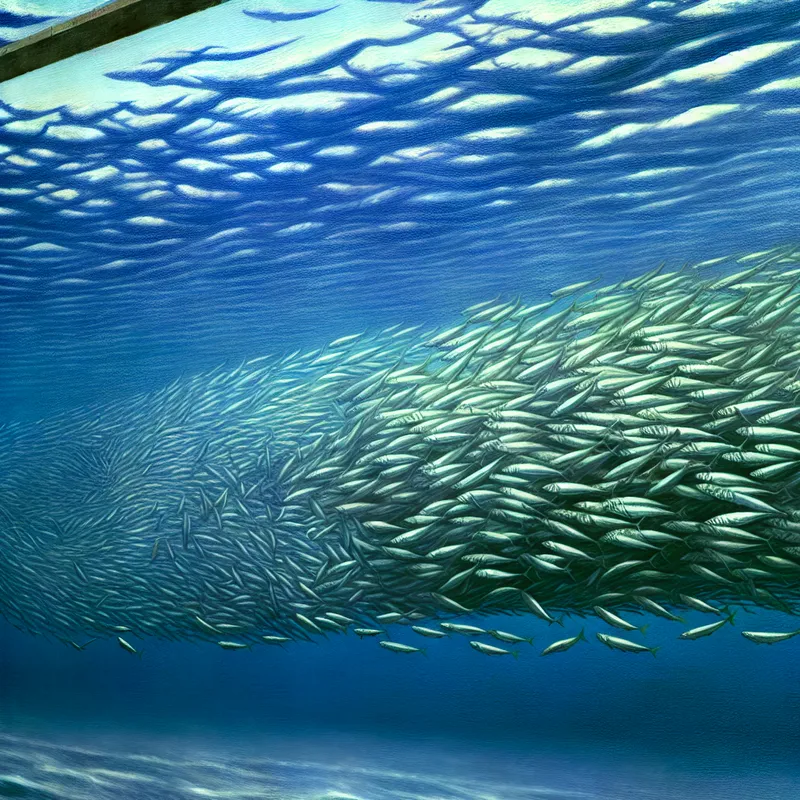 Hyperrealistisch schilderij van een grote school haringen in de zee