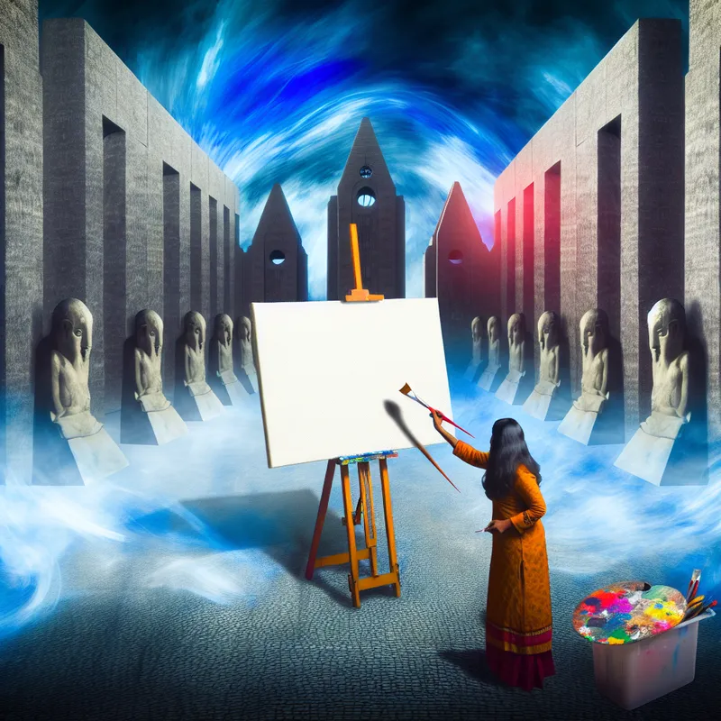 Hyperrealistisch schilderij met een kunstenaar die een penseel vasthoudt voor een leeg canvas, geplaatst tegen een surrealistische achtergrond van indrukwekkende architectuur.