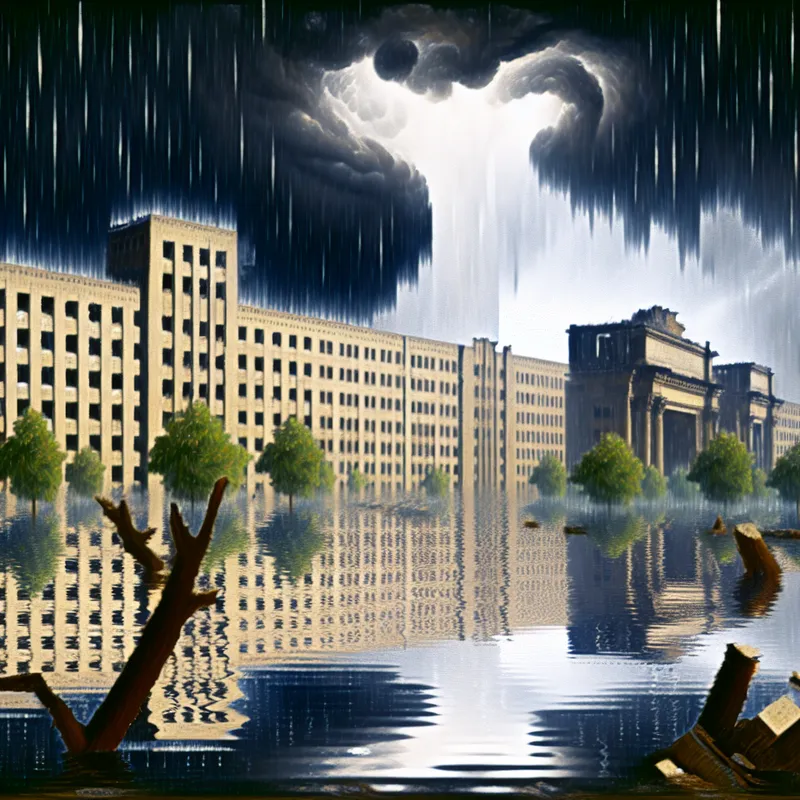 Surrealistisch stadslandschap met zware regenval die overstromingen en schade veroorzaakt, symbolisch voor oorzaak en gevolg