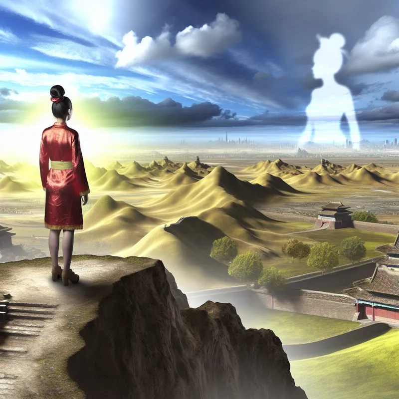 Persoon staat op een majestueuze klif en kijkt uit over een prachtig landschap dat zijn thuisland vertegenwoordigt, met iconische elementen.