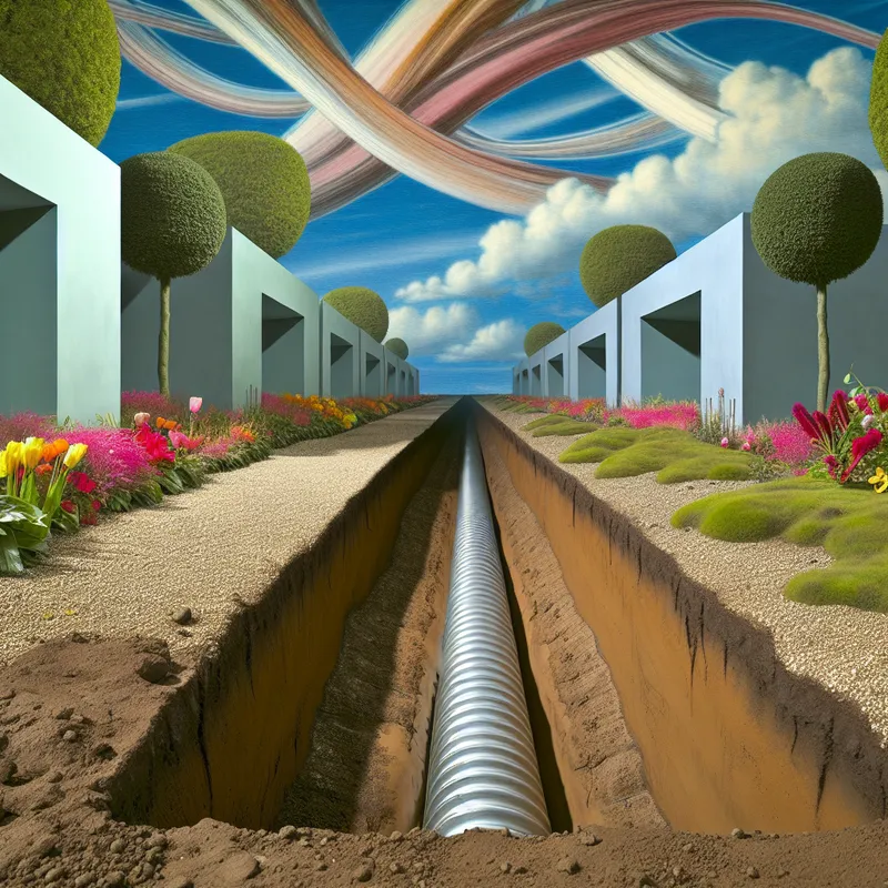 Hyperrealistisch landschap met een zorgvuldig ontworpen tuin en een net gegraven drainagegeul om overtollig water af te voeren, omgeven door kleurrijke bloemen en planten.