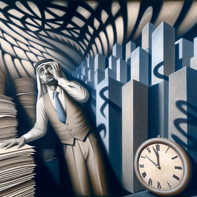 Hyperrealistisch schilderij van een vermoeide man in pak omringd door torenhoge stapels papier en klokken met snel draaiende wijzers, symboliserend een drukke werkdag