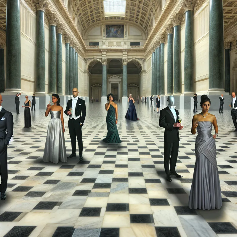 Hyperrealistische feestscène met monumentale architectuur en weinig aanwezigen