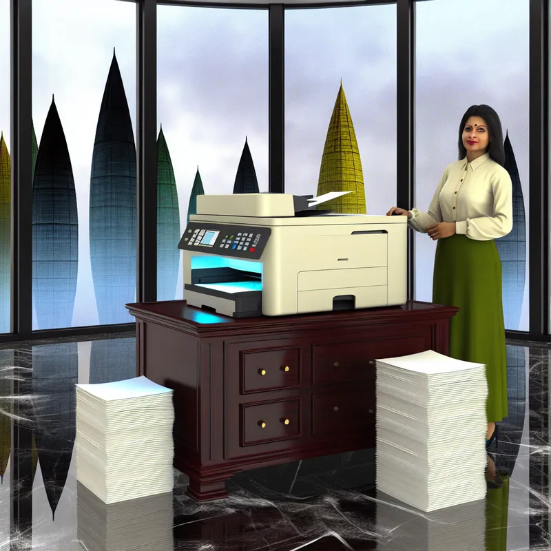 Hyperrealistisch kantoor met printer op houten tafel en glazen ramen met monumentale gebouwen