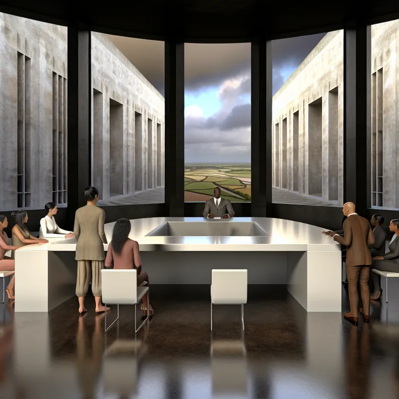 Hyperrealistische onderhandelingsruimte met bemiddelaar tussen twee groepen