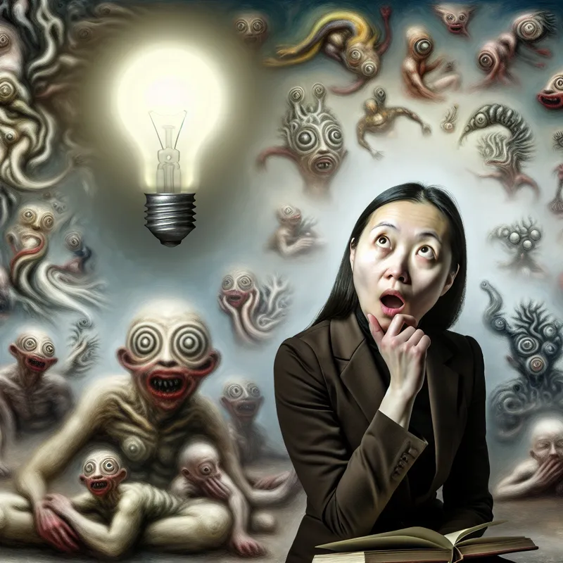 Een persoon in een donkere, andere wereld zittend met een verlichte gloeilamp boven hun hoofd, verlichtend hun verraste gezichtsuitdrukking.