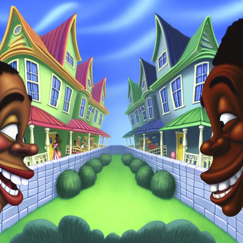 Twee identieke huizen met een vrolijk ontwerp, omringd door een groene grasveld, met een blij koppel dat naar elkaar kijkt.