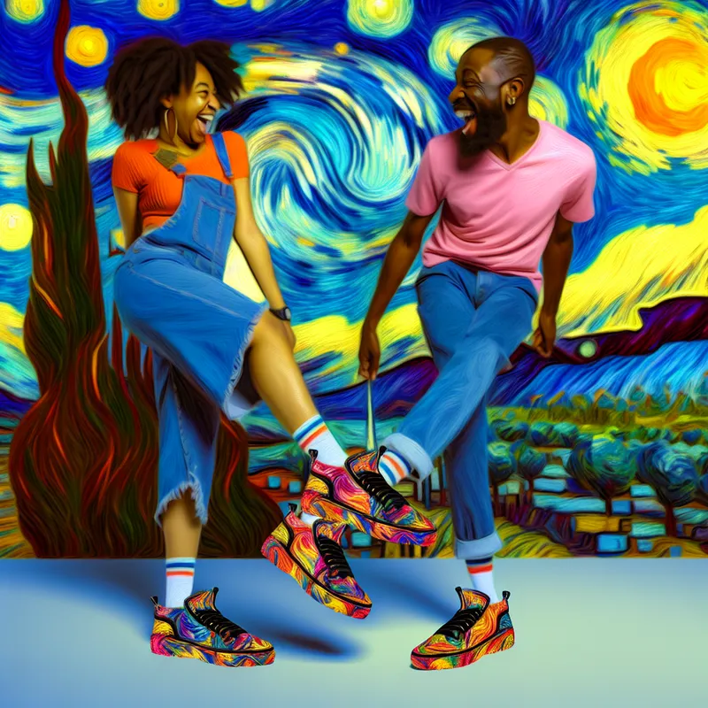 Twee mensen staan zij aan zij met identieke kleurrijke schoenen, glimlachend en naar hun voeten wijzend, tegen een levendige achtergrond in de stijl van Van Gogh.