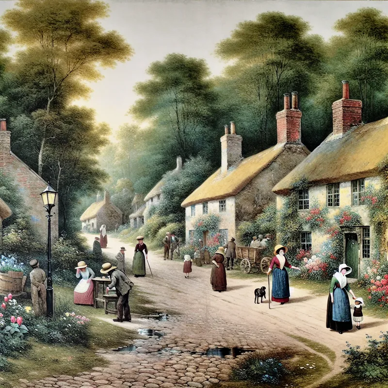 Idyllisch dorpsbeeld met inwoners en Anton Pieck geïnspireerde stijl