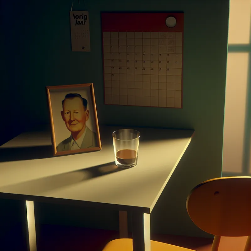 Stille keuken met lege stoel, koude koffie en foto van overleden vader als herinnering aan verlies