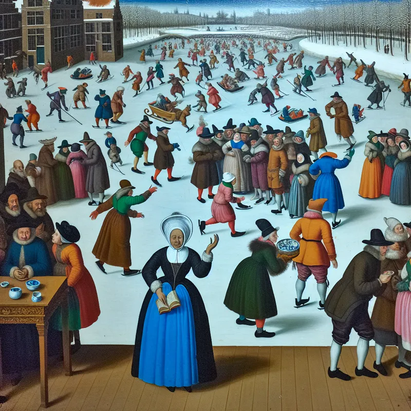 Levendige wintertafereel op een bevroren kanaal met een groep mensen, waarbij één persoon met een kenmerkende hoed en boek opvalt als iemand met expertise in het Nederlands