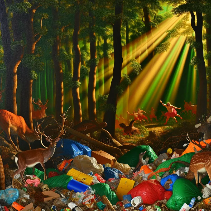 Scène van een dicht bos met illegalen afvaldumping, inclusief plastic en karton, terwijl dieren nieuwsgierig de rommel benaderen en een groep mensen bezig is met opruimen.