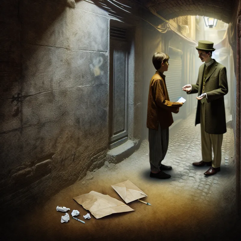 Een sombere en elegante scène in een verborgen steeg waar een jong persoon een klein pakketje uitwisselt met een onbekende figuur in de schaduw, wat de illegaliteit van de drugshandel symboliseert.