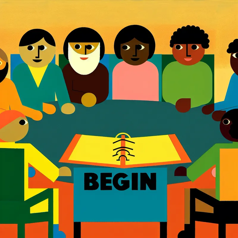 Een kleurrijke en minimalistische illustratie van een diverse groep mensen die rond een tafel zitten met enthousiaste gezichten, kijkend naar een open planner met het woord 'Begin' in vette letters.