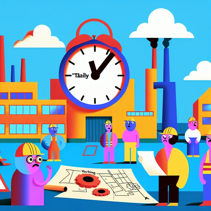 Minimalistische illustratie van een kleurrijke fabriek met een grote klok die een vertraagde tijd aangeeft, omringd door cartoonachtige karakters in helmen die verwart en bezorgd kijken.