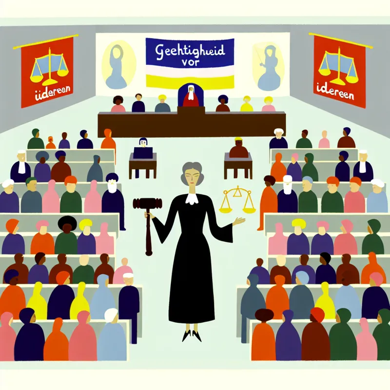 Een illustratie van een rechtszaal met een diverse groep mensen die samenkomen voor gerechtigheid, met een rechter en symbolen van rechtvaardigheid.