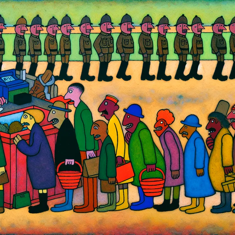 Kleurrijke cartoonachtige rij van diverse personages die in de rij staan bij een oude kassa, met marcherende soldaten op de achtergrond ter illustratie van het woord 'rij'