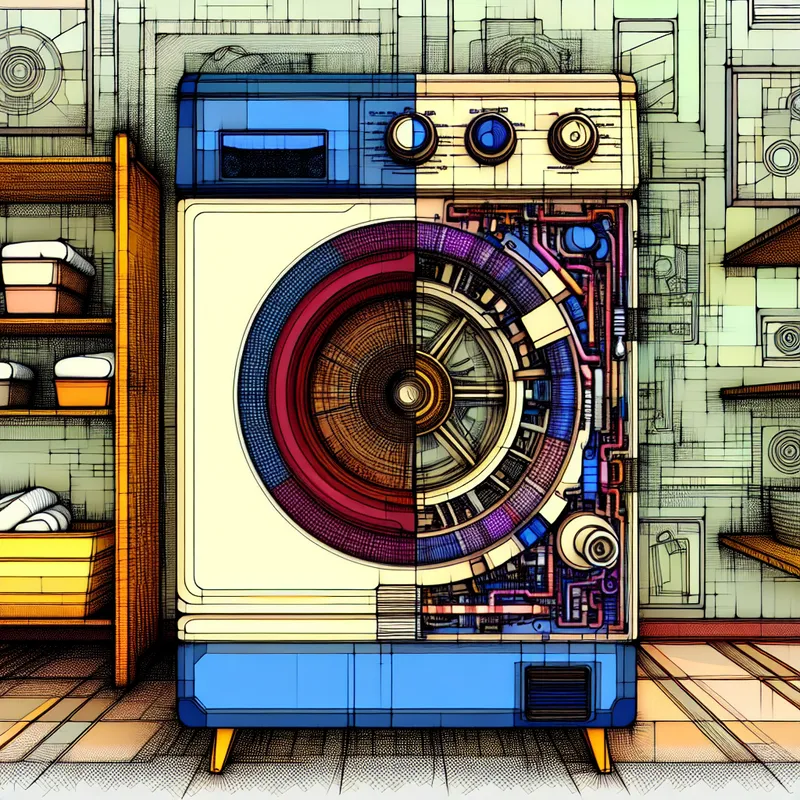 Illustratie van een wasmachine met transparante delen en zijn interne componenten zichtbaar, waaronder tandwielen, buizen en elektronica.