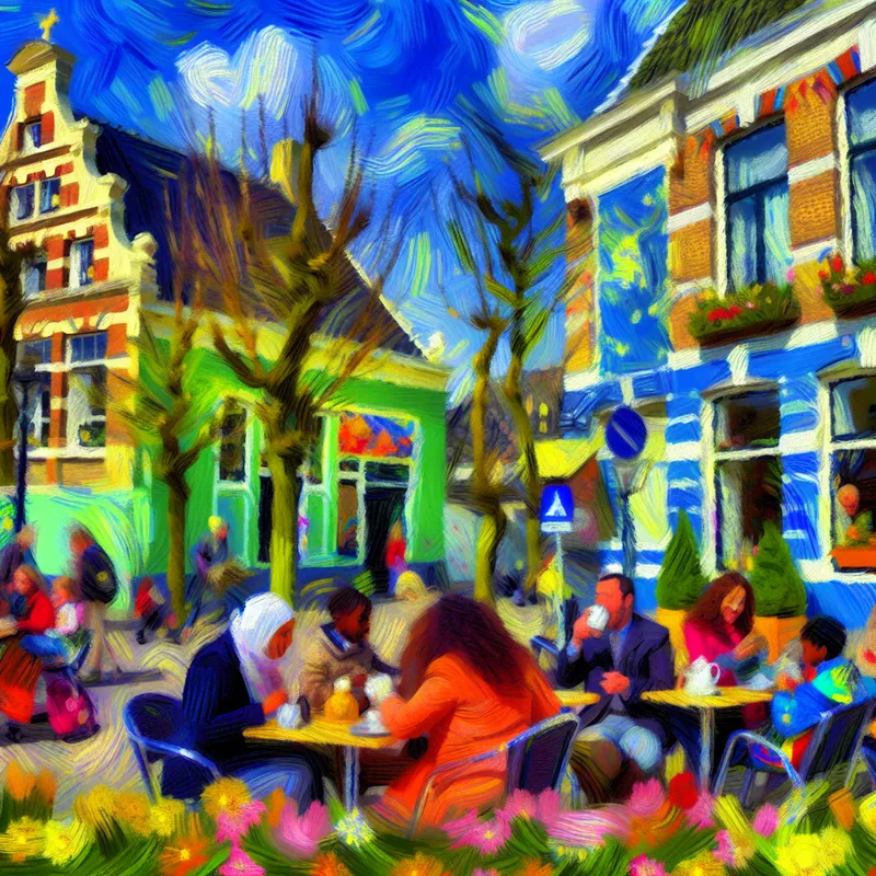 Impressionistische straatweergave met een café nabij een school, vol bloemen en spelende kinderen.