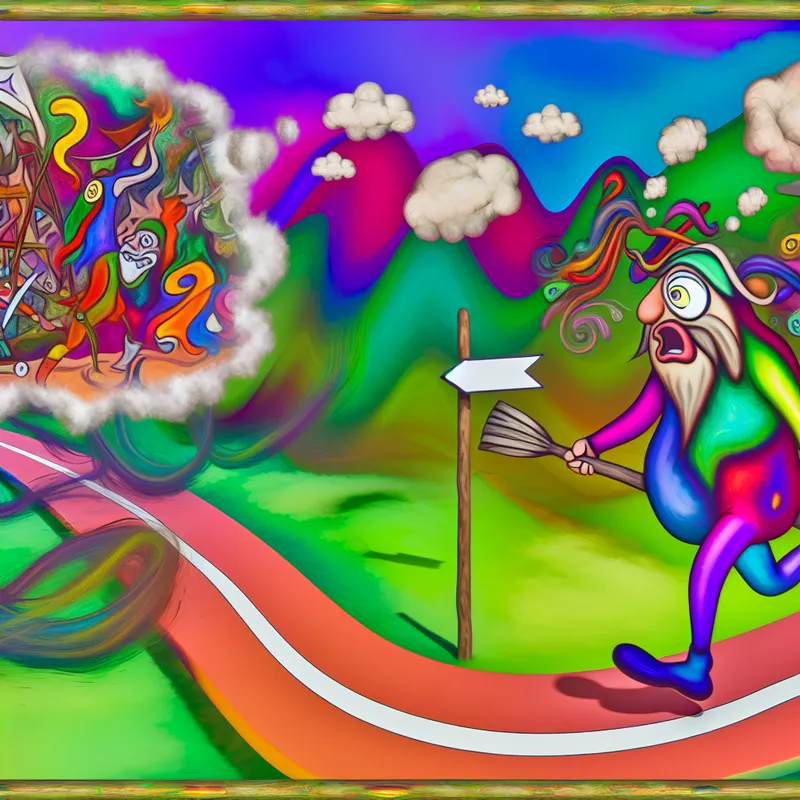 Een kleurrijke cartoonfiguur staat bij een kruispunt met een verwarde uitdrukking, met een rommelige kaart in de hand en dacht bubbels vol met chaotische ideeën.