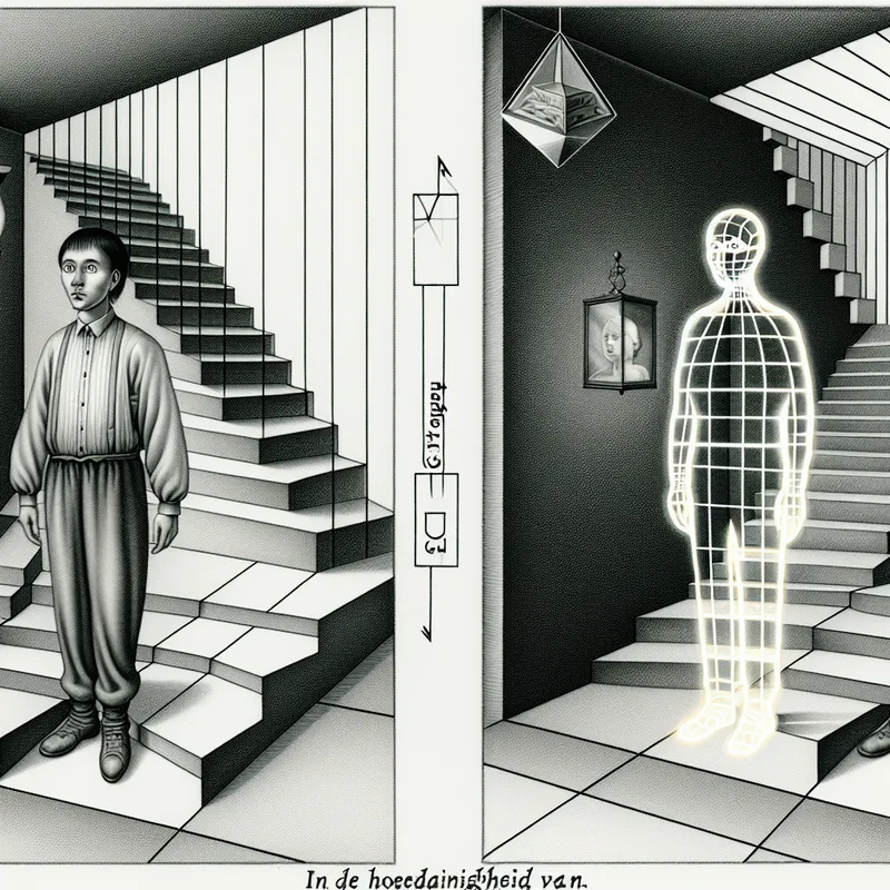 Surrealistische rechtbankscène in de stijl van M.C. Escher met een persoon die splitst in een gewoon individu en een transparante getuige, symboliserend 'in de hoedanigheid van'
