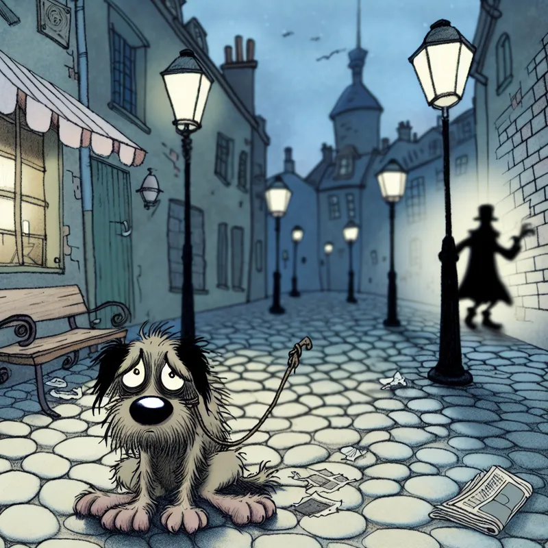 Trieste, verfomfaaide cartoonhond alleen op een kasseistraat bij schemering, verlaten met gescheurde riem, terwijl eigenaar in de verte wegloopt