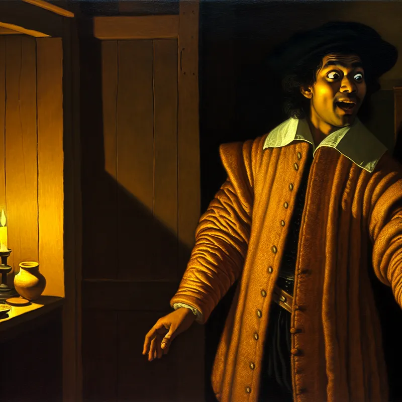 17e-eeuwse Nederlandse scène met een persoon die verrast reageert op een grap, geïnspireerd op Rembrandt met dramatisch clair-obscur