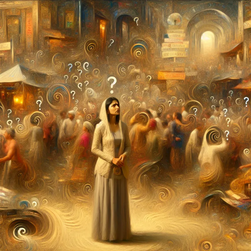 Verward persoon in een drukke, nostalgische markt vol chaos en details, geïnspireerd op Anton Pieck, die overweldigd raakt in een nieuwe situatie