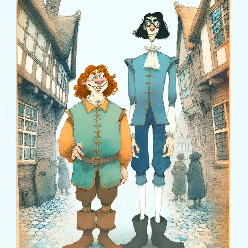 Twee broers met totaal verschillende uiterlijk en kleding naast elkaar in een nostalgisch dorp, illustrerend 'in geen enkel opzicht'