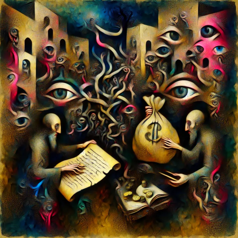 Surrealistische marktscène in de stijl van Jheronimus Bosch met twee figuren die in het geheim geld uitwisselen, symbolisch voor zwartwerken of illegale transacties