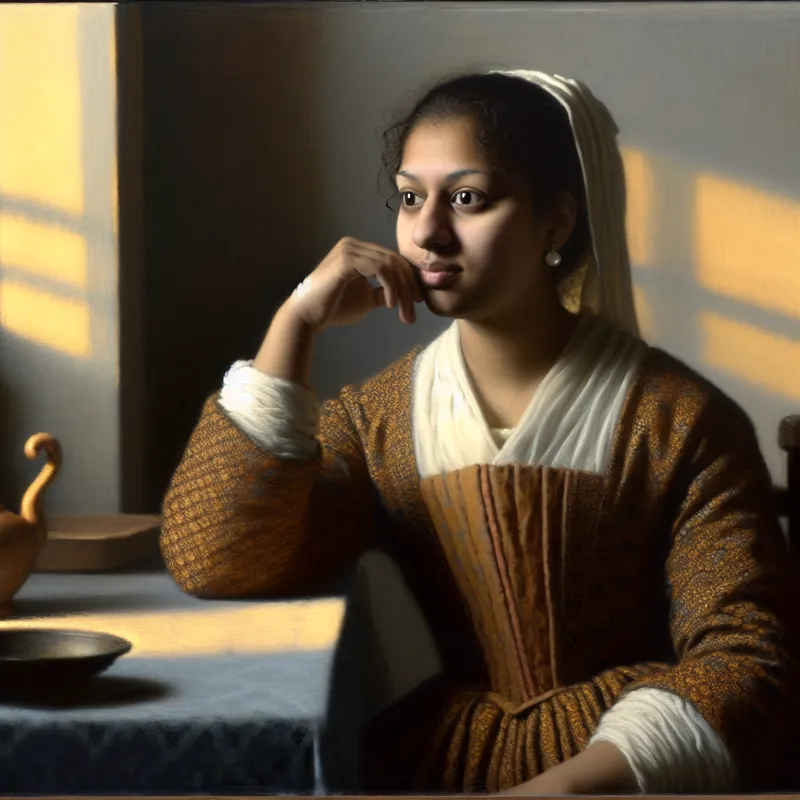 Contemplatieve persoon aan tafel in Vermeer-stijl, verlicht door zacht raamlicht, symboliseert 'in zekere mate' emoties en waarheid