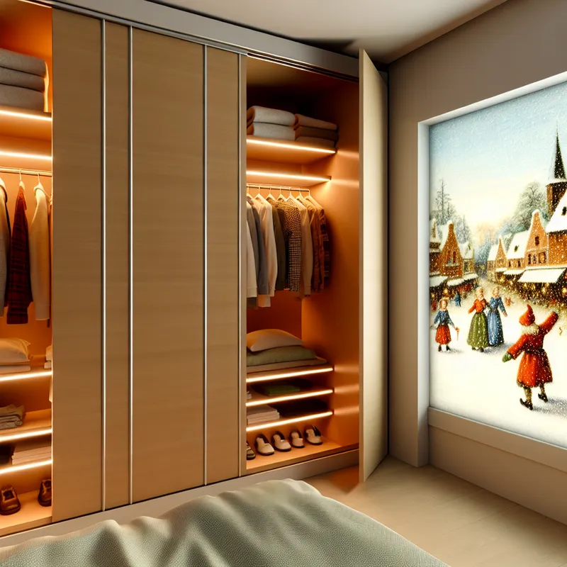 Gezellige slaapkamer met een inbouwkast vol georganiseerd opbergmeubilair, en een winterlandschap zichtbaar door het raam.