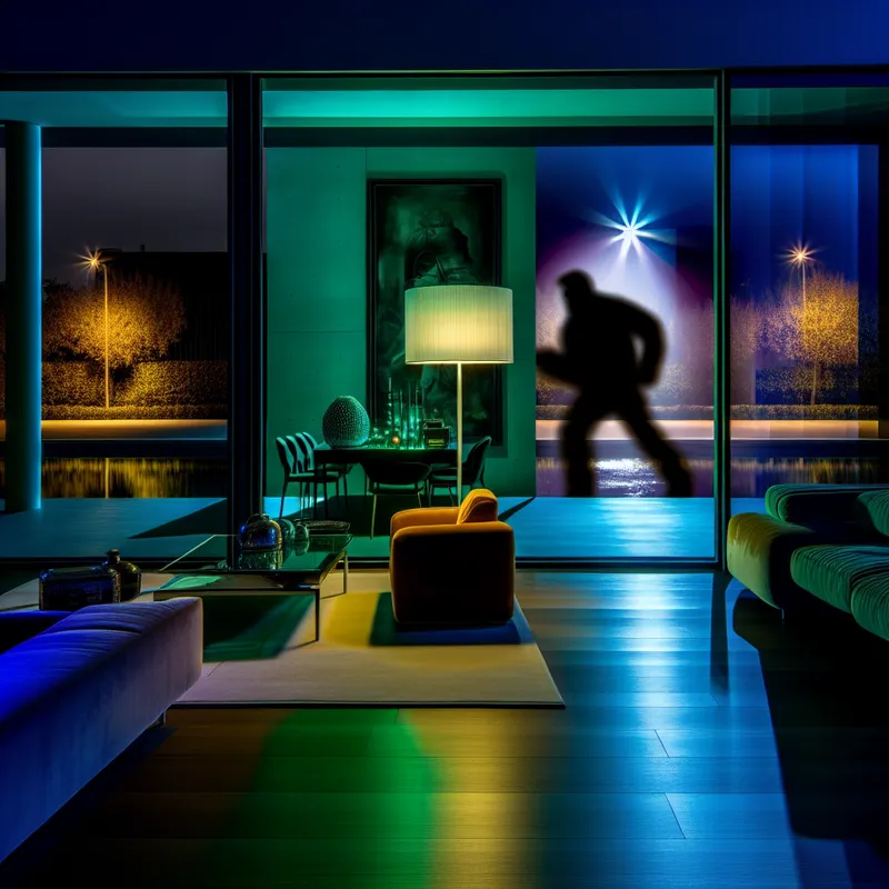 Een schimmige figuur breekt in door een groot glazen raam in een modern, dim verlichte woonkamer.