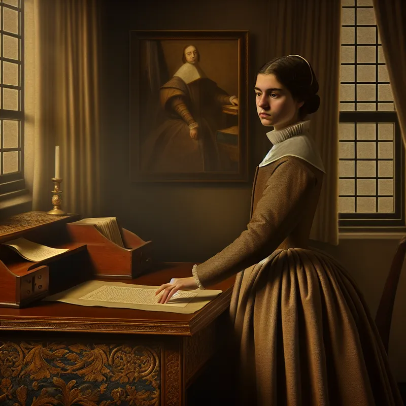 Een jonge vrouw in elegante, gedempte kleding zit voor een bureau met een document, waarbij ze haar vinger net boven het document houdt, wat het idee van inbreuk symboliseert.