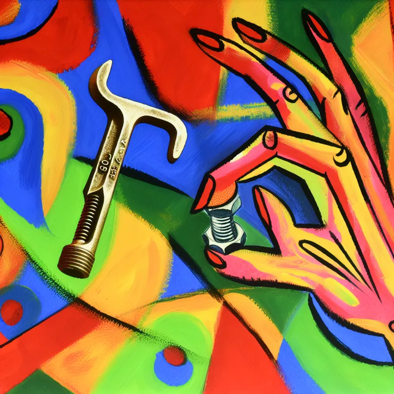 Kleurrijke abstracte illustratie van een hand die een inbussleutel gebruikt om een bout vast te draaien, in de expressieve stijl van Karel Appel