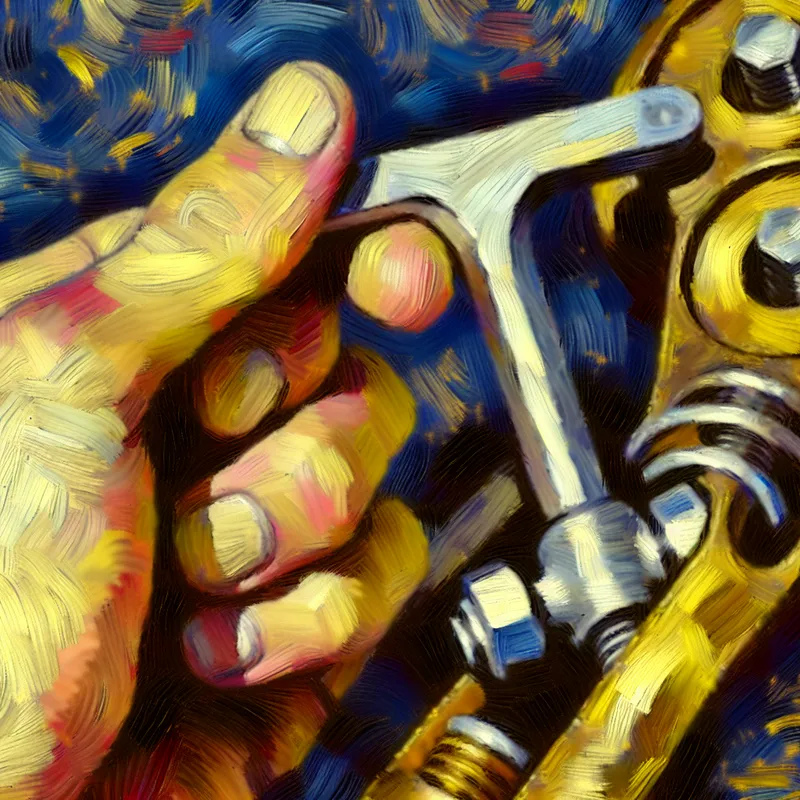 Hand die een inbussleutel gebruikt om een bout vast te draaien op een mechanisch object, geschilderd in de stijl van Vincent van Gogh met expressieve penseelstreken en levendige kleuren