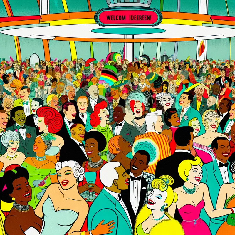 Grote diverse groep mensen op een feest, met een banner 'Welkom Iedereen!', kleurrijke decoraties en vrolijke interacties.