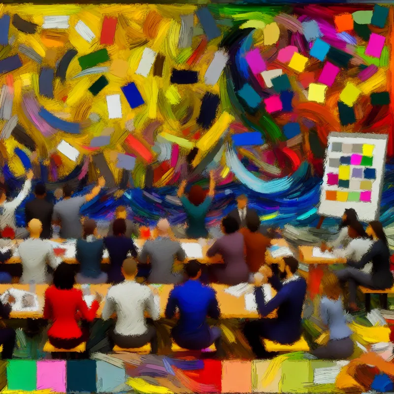 Abstract expressionist beeld van een diverse groep mensen die brainstormen op een project, met een groot bord vol kleurrijke sticky notes.