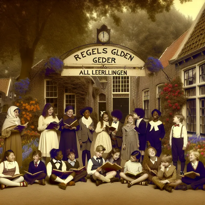 Groep diverse schoolkinderen onder een oud-schoolbord met de tekst 'Regels gelden voor alle leerlingen', met een vintage schoolgebouw op de achtergrond.