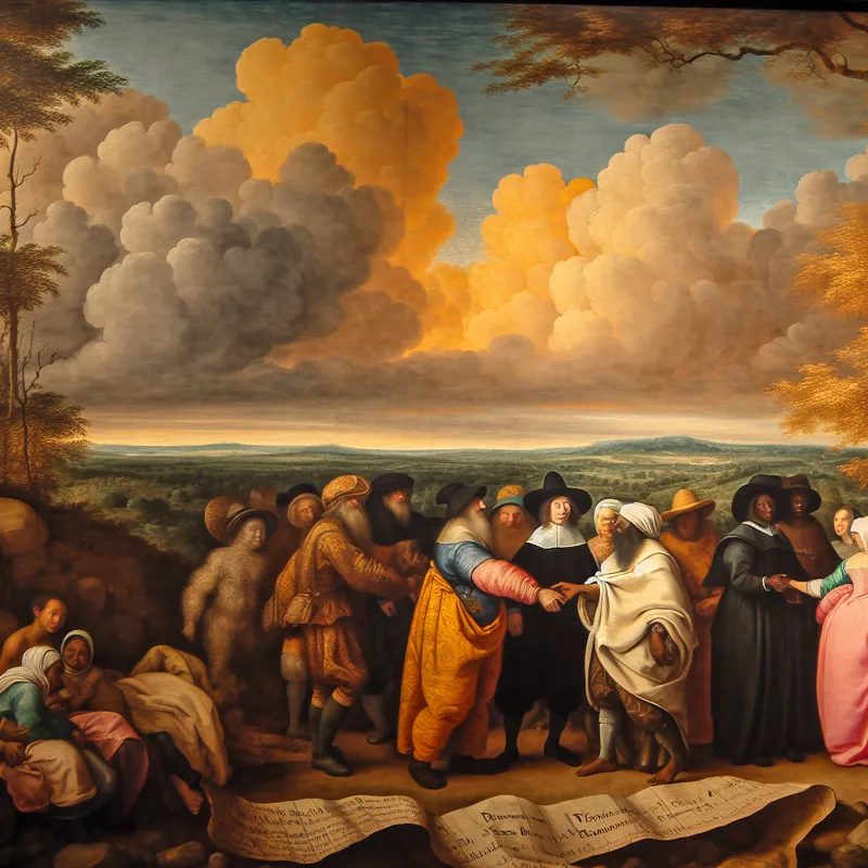 17e-eeuws Nederlands landschap met figuren die inclusie symboliseren en een kaart van West-Europa met België gemarkeerd, ter illustratie van het concept indelen of categoriseren