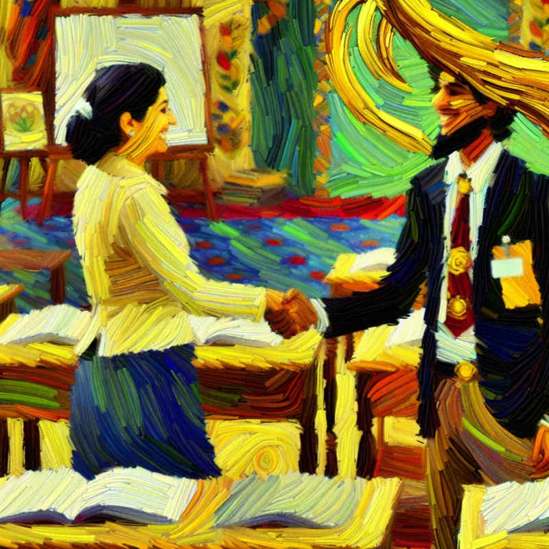 Vrolijke scène in Van Gogh-stijl van een werkgever die een nieuwe medewerker verwelkomt met een handdruk, symboliserend 'iemand in dienst nemen' in een warme kantoor- of schoolomgeving