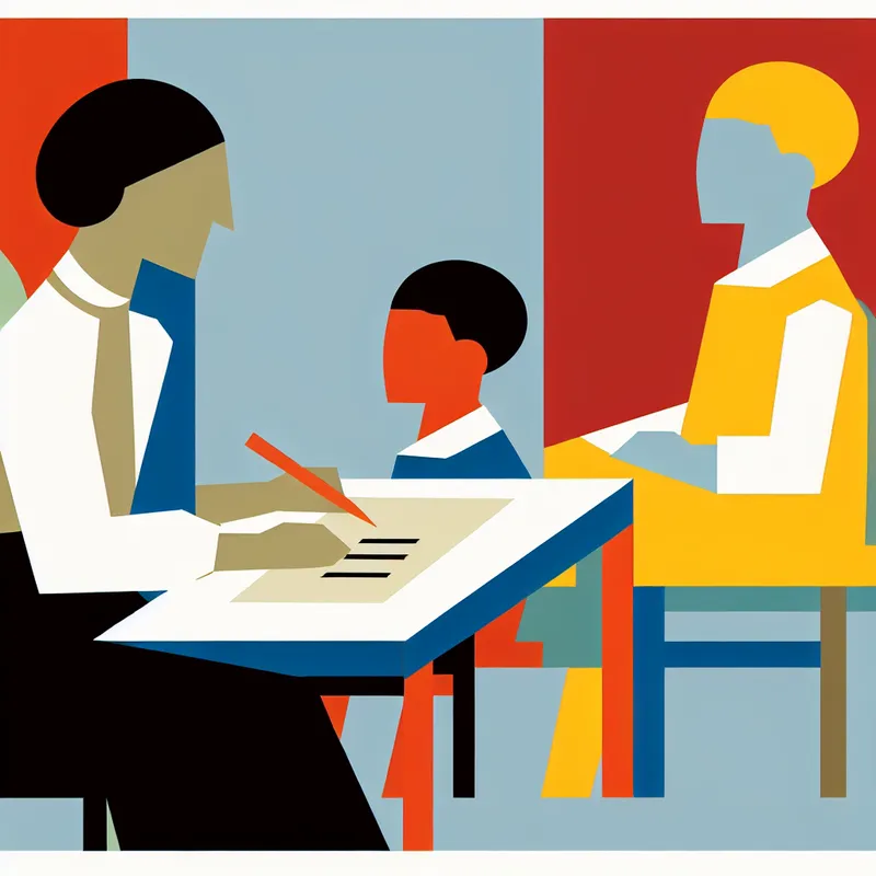 Minimalistische illustratie van een docent die individueel aandacht geeft aan een leerling, met correcties op papier en heldere kleuren in de stijl van Dick Bruna