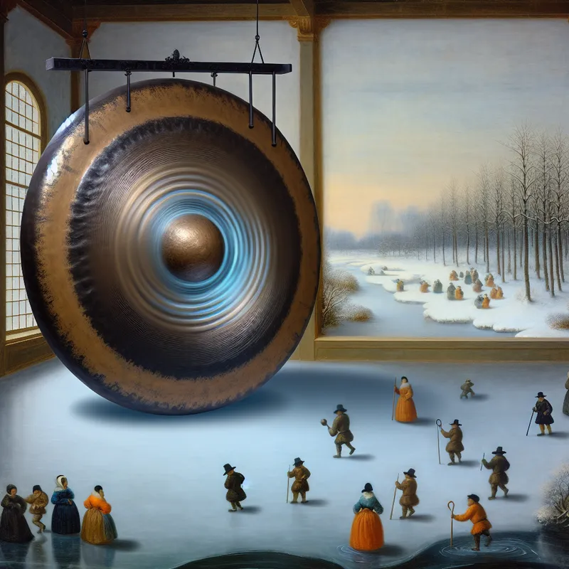 Een winterlandschap met een grote gong in een rustige kamer, omringd door historische figuren die met bewondering kijken. Geluidsgolven zijn zichtbaar als golven in de lucht.