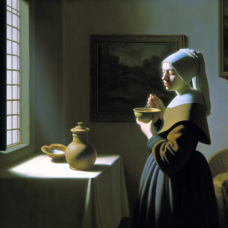 Jonge vrouw in 17e-eeuwse Nederlandse kleding proeft te zoute soep bij het raam, met omgevallen zoutvat op tafel, in stijl van Vermeer