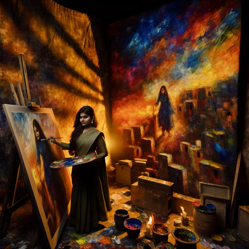 Portret van een jonge vrouwelijke kunstenaar in haar atelier, omringd door haar schilderijen.