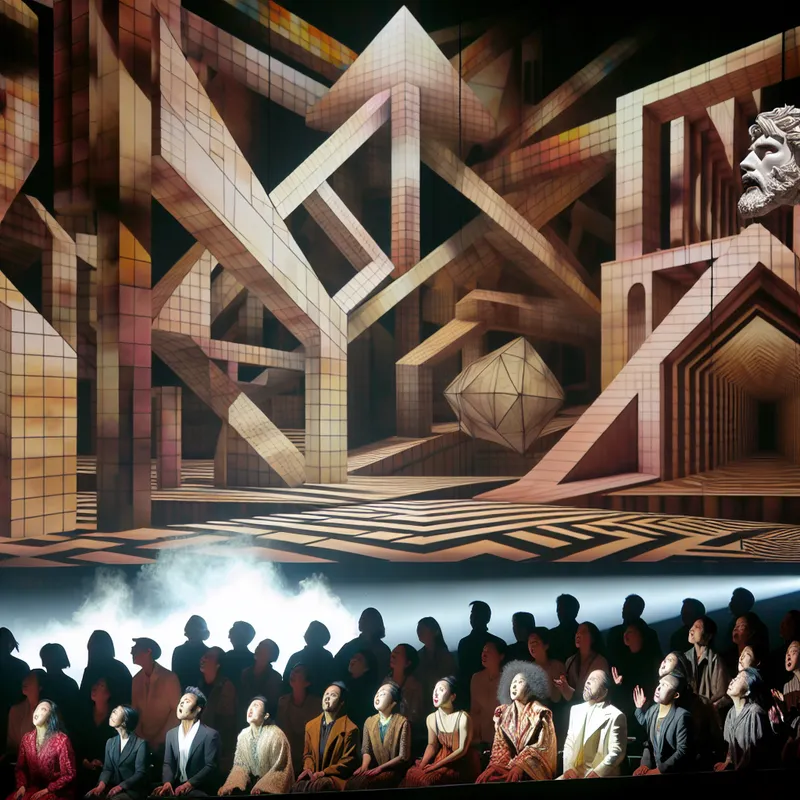 Indrukwekkende theatrale voorstelling met emotionele toeschouwers, complexe geometrische structuren