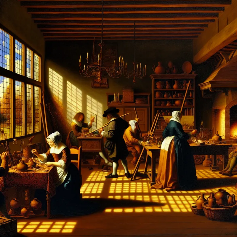 Een serene binnenruimte die de groei van een economie tijdens een bloeiperiode toont, met werknemers die verschillende creatieve taken uitvoeren.